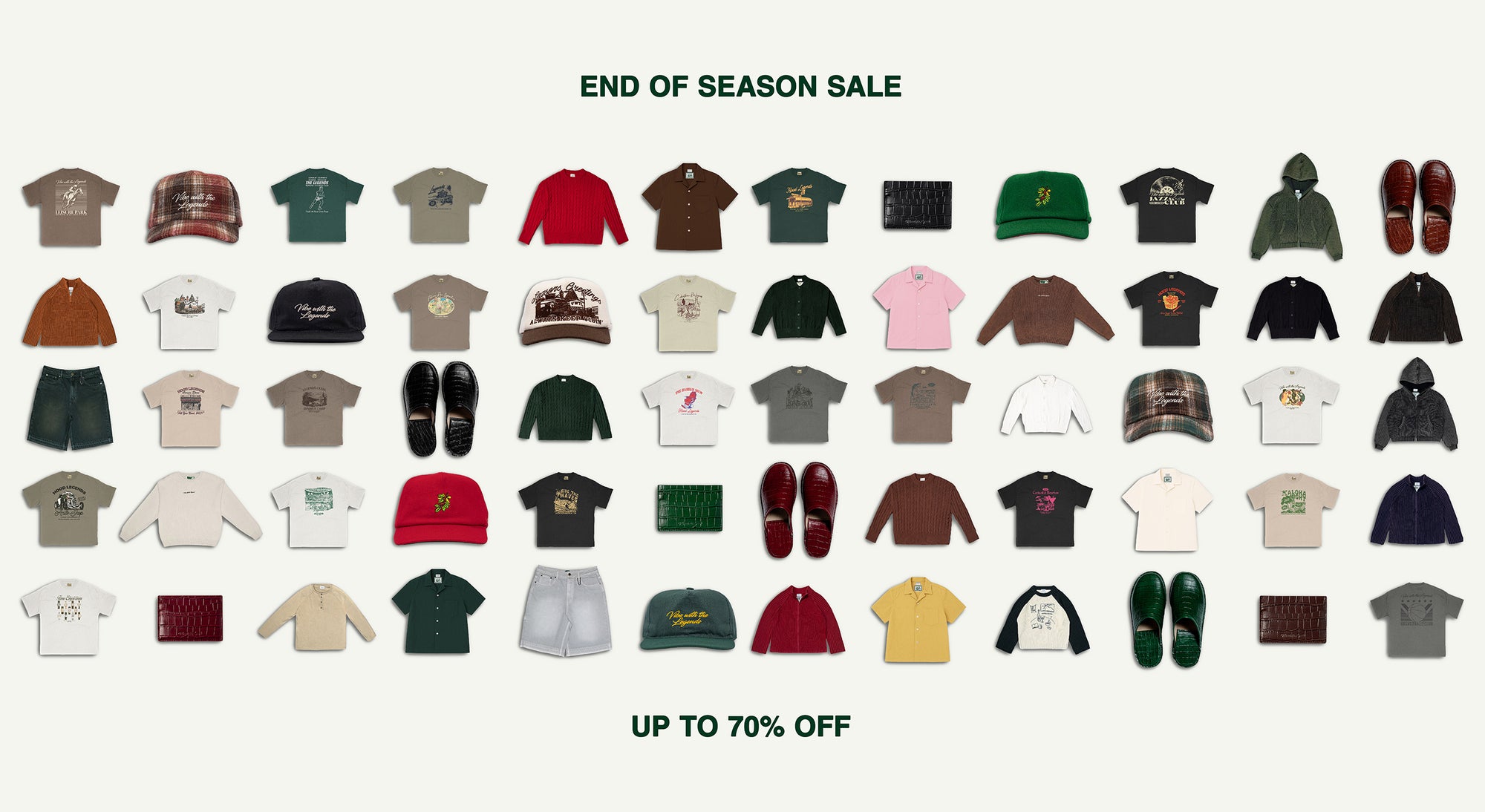 Collection of clothing and shoes with 'End of Season Sale' text on a white background