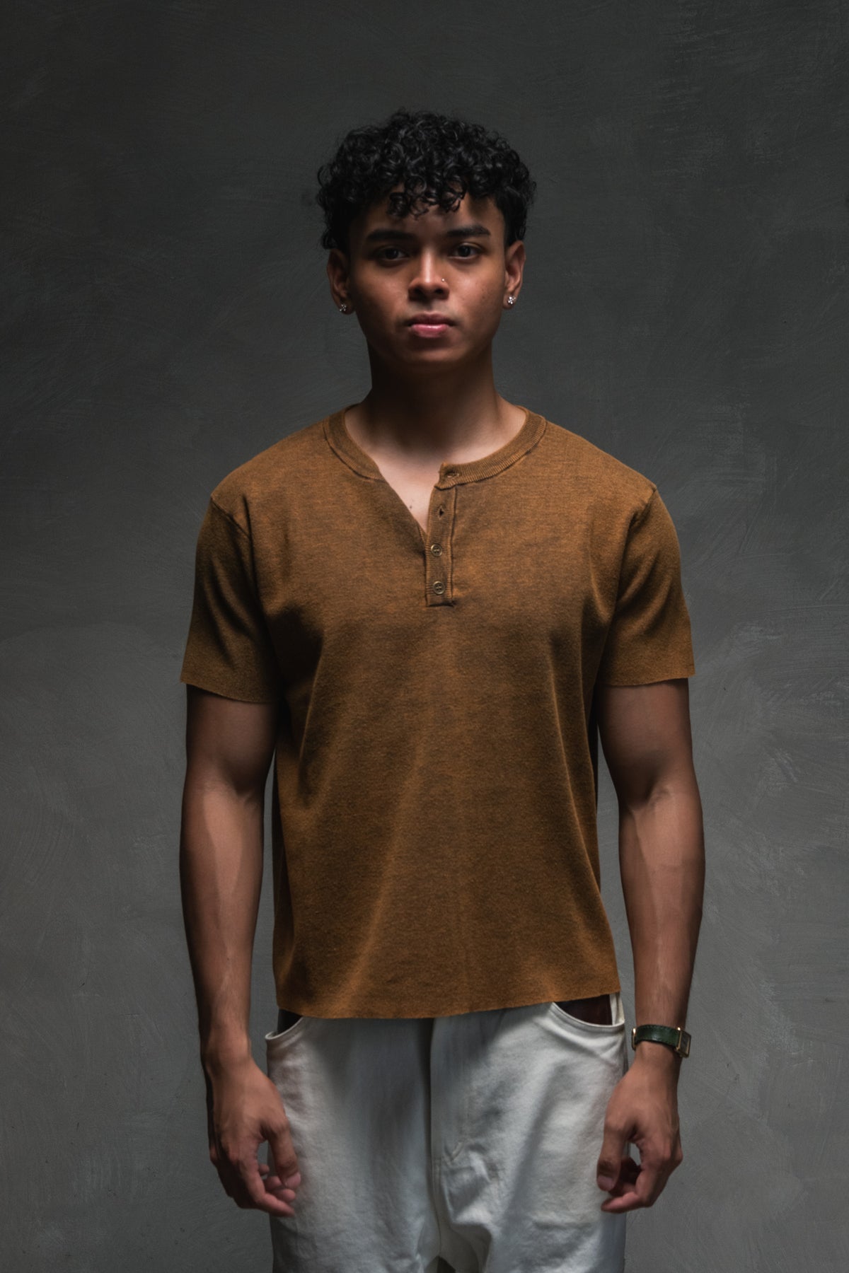 Knit Short-sleeve Henley - Redwood Brown