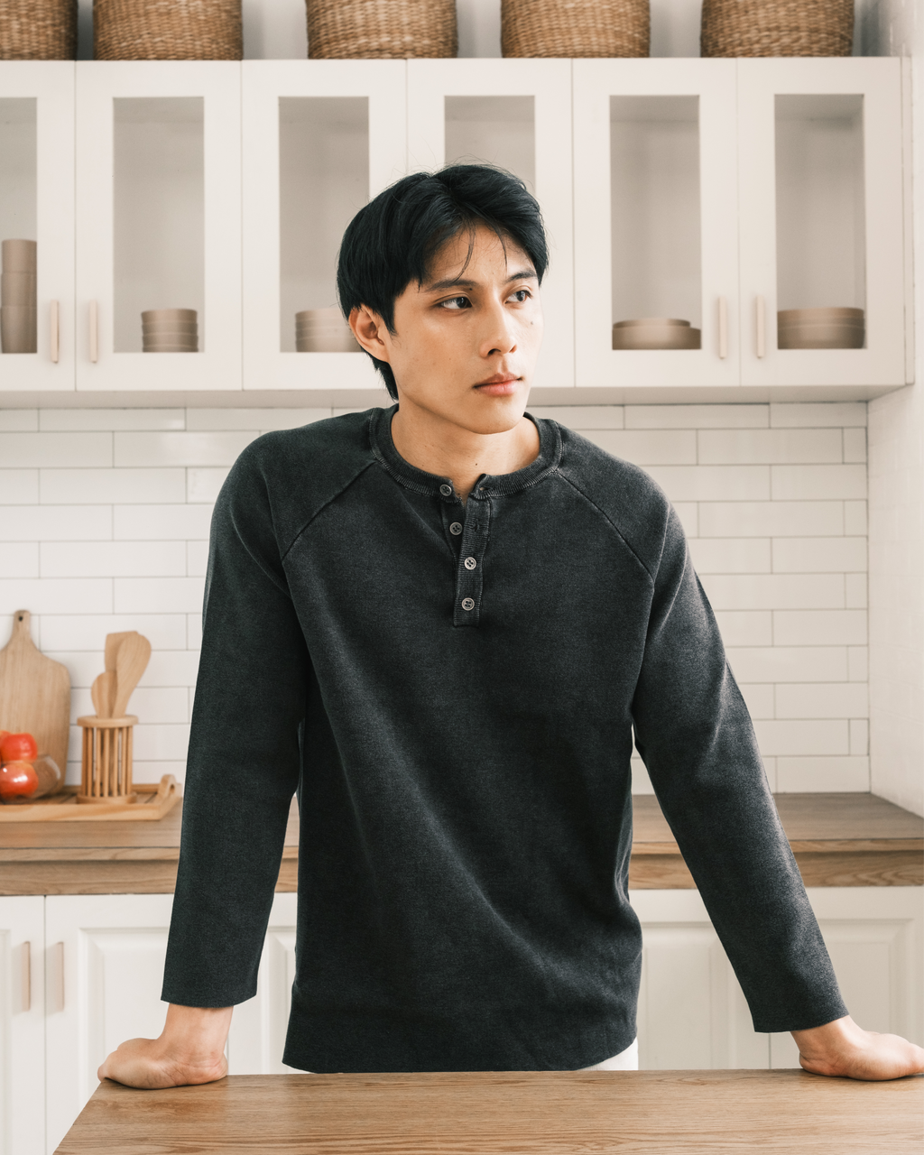 Knit Long-sleeve Henley - Dark Washed Black