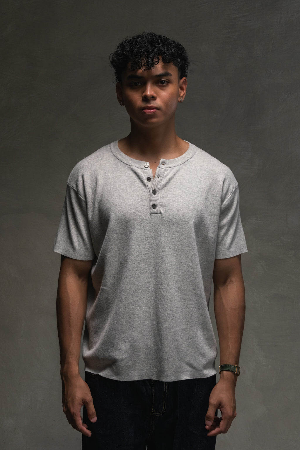 Knit Short-sleeve Henley - Heather Grey