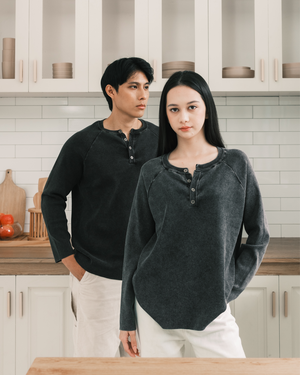 Knit Long-sleeve Henley - Light Washed Black