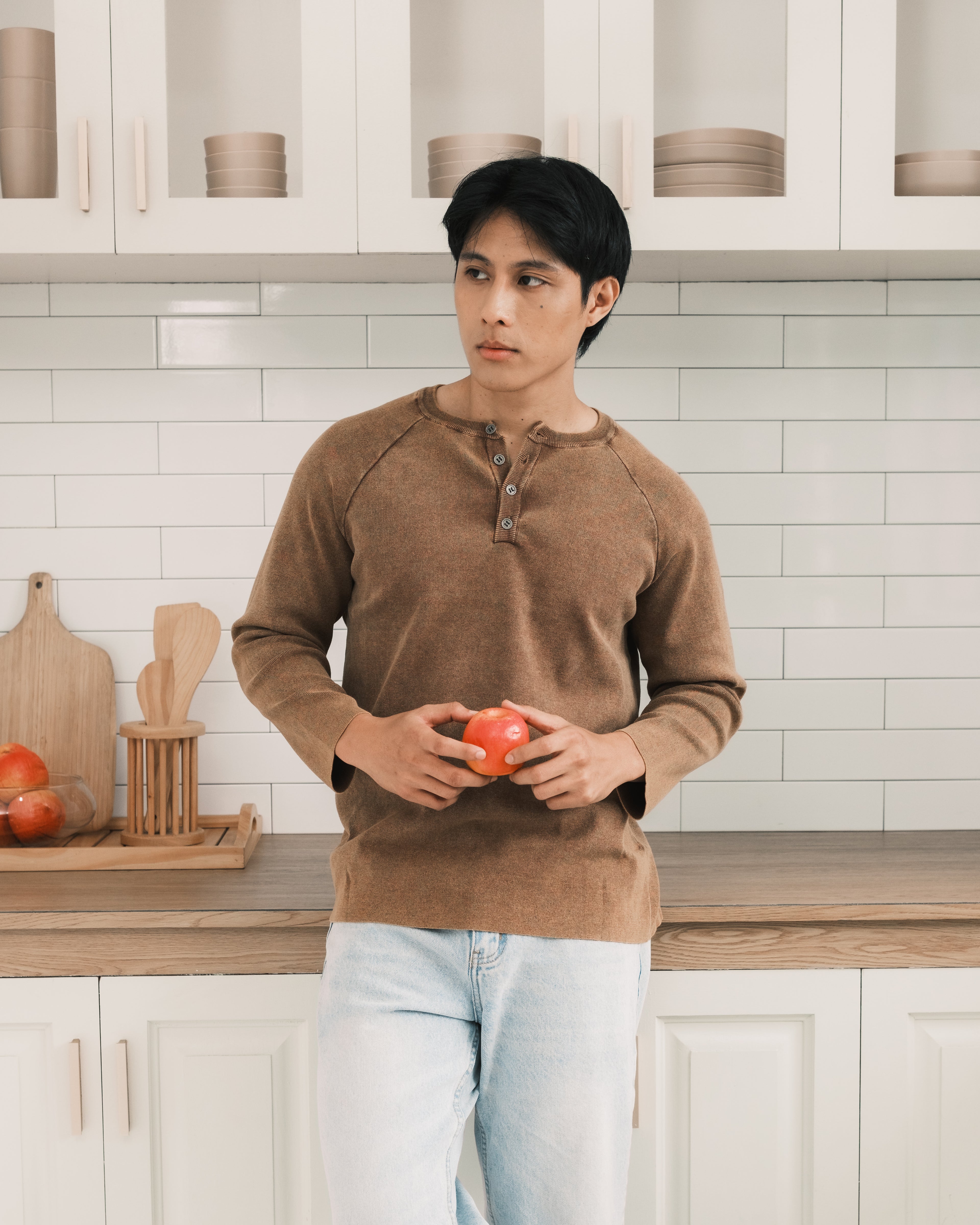 Knit Long-sleeve Henley - Washed Brown