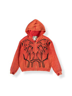 A bright orange ribbed knit zip-up hoodie with a black graphic print on the front, displayed flat against a white background.