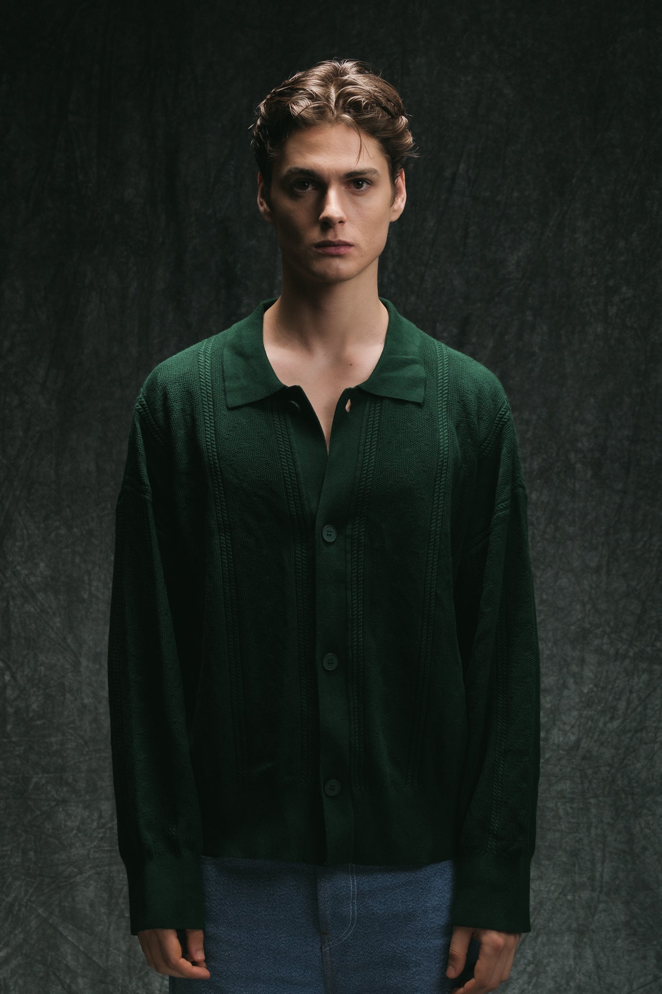 Collar Knit Cardigan - Emerald Green