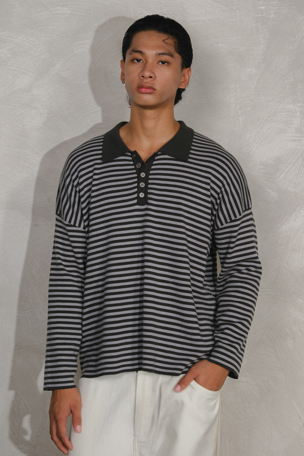 Knit Polo Long-Sleeve - Black Stripe