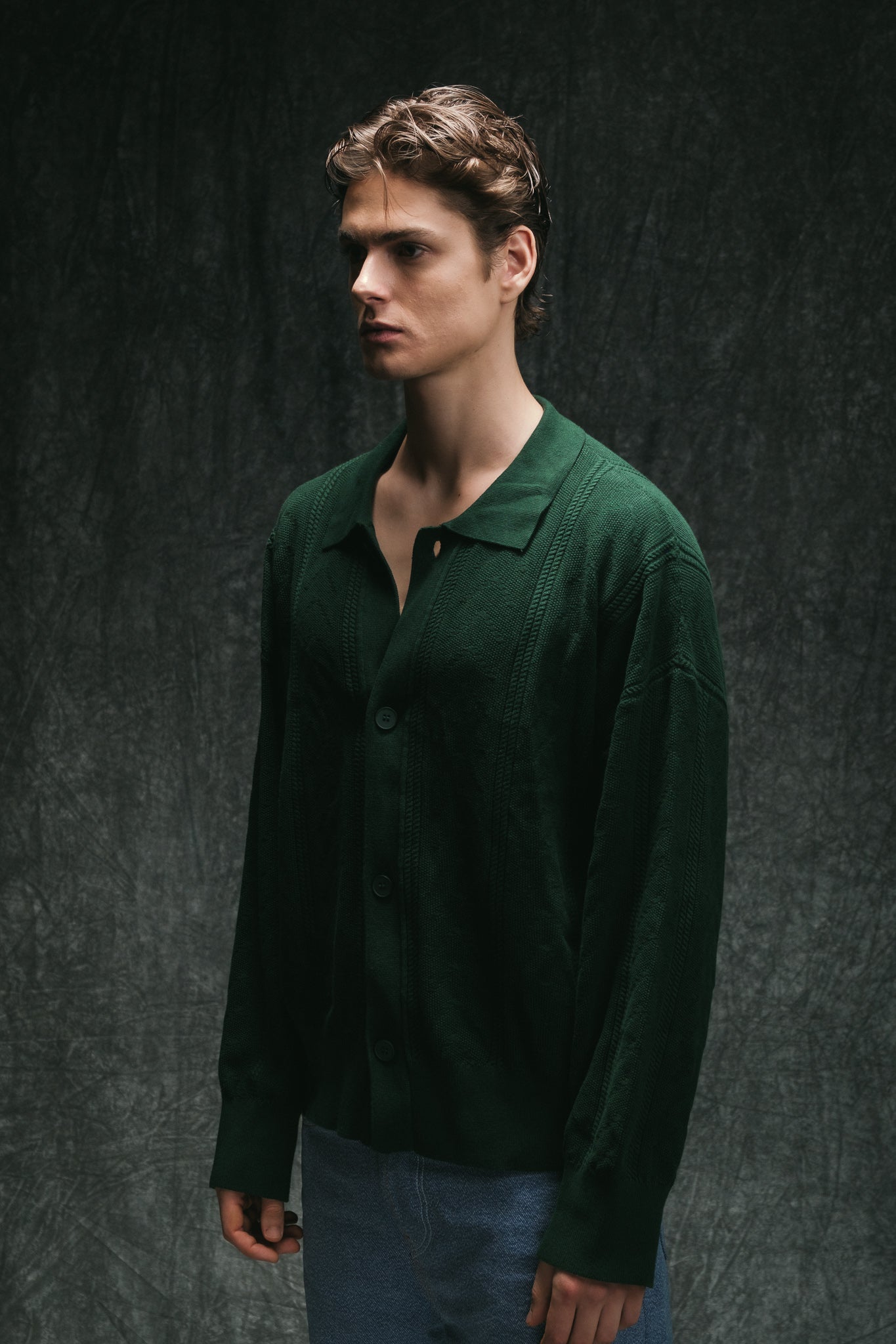 Collar Knit Cardigan - Emerald Green