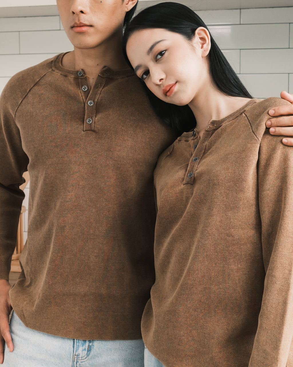 Knit Long-sleeve Henley - Washed Brown