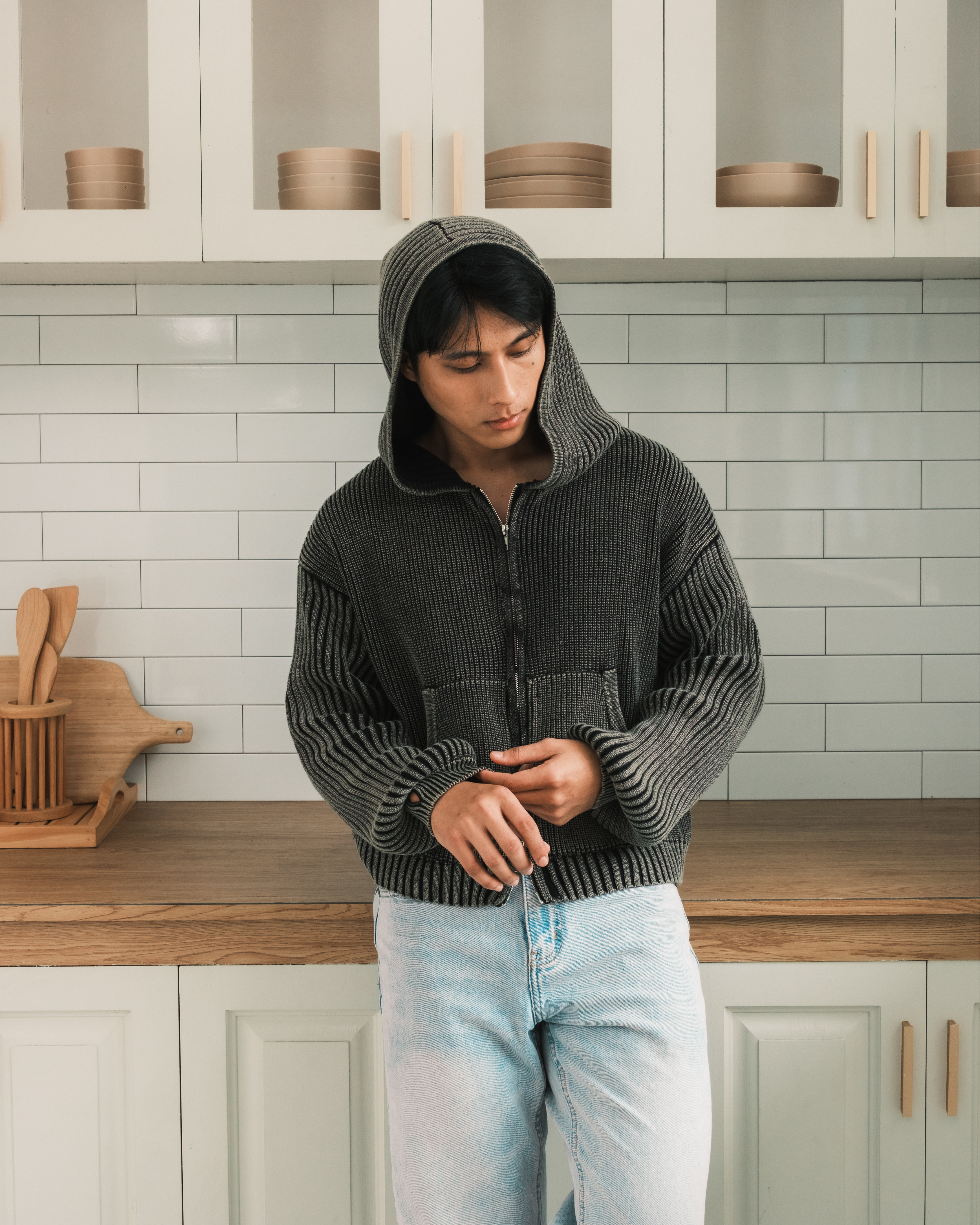 Knit Full-zip Hoodie - Washed Black