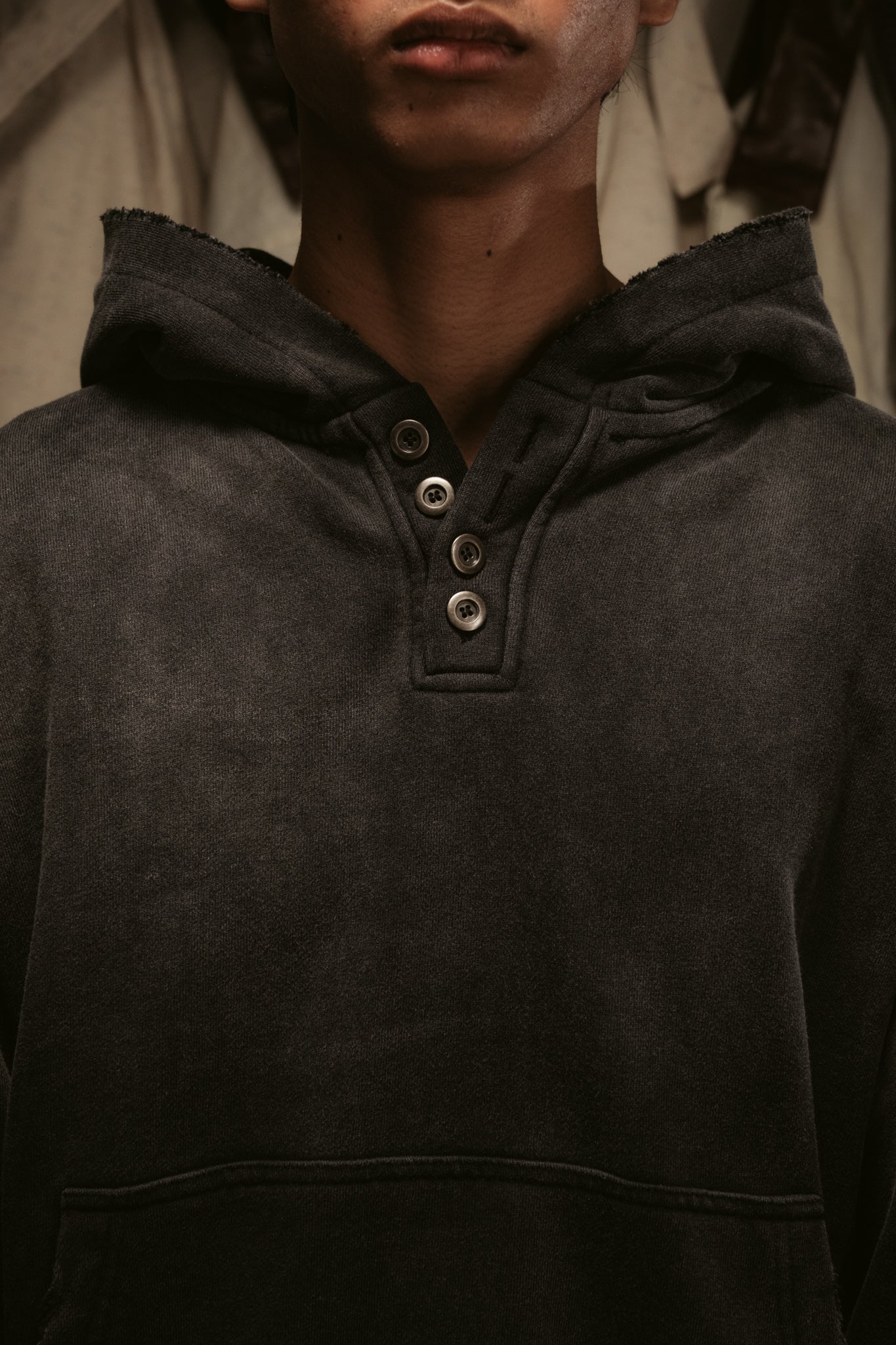 Sun Faded Hoodie Henley - Vintage Black