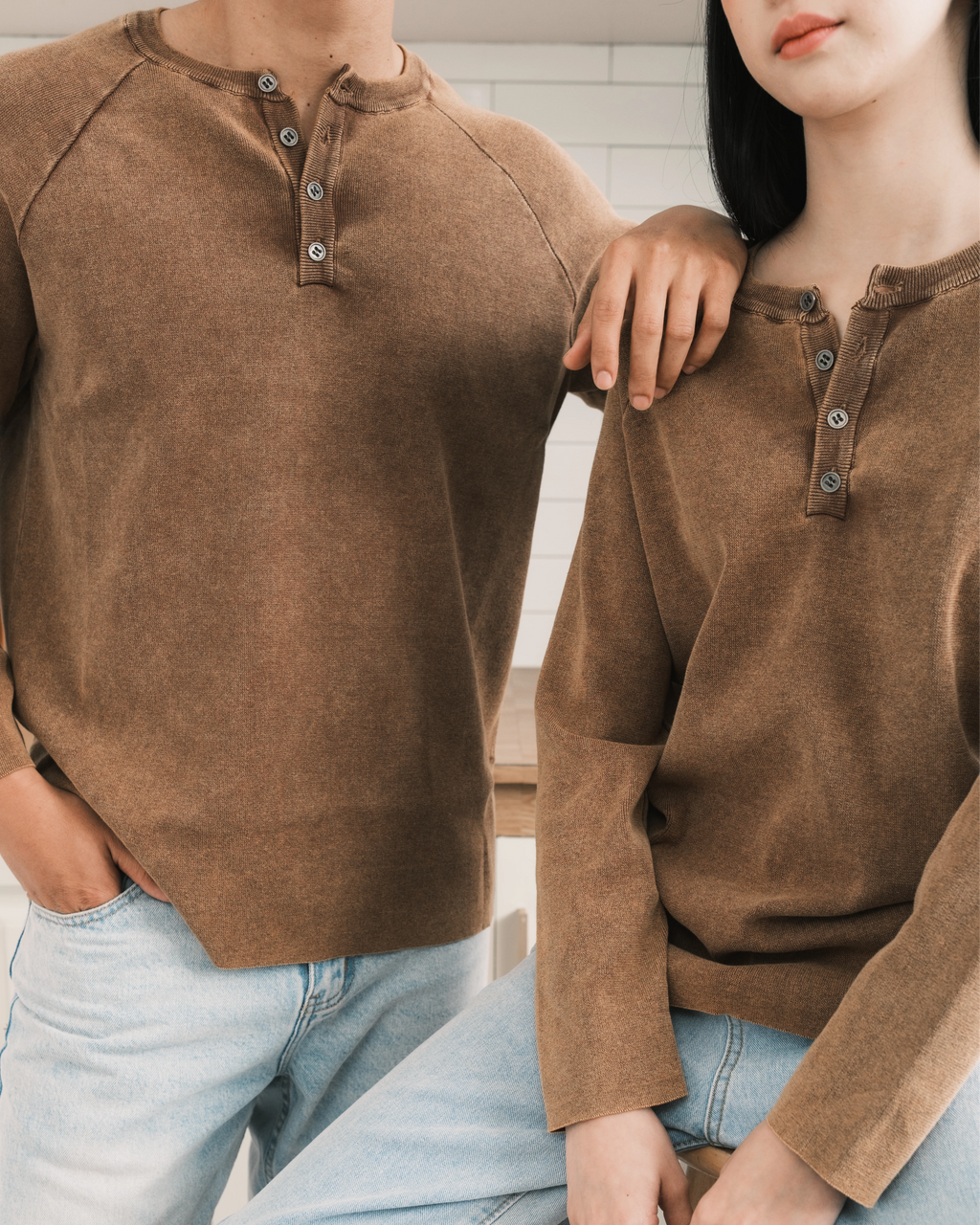 Knit Long-sleeve Henley - Washed Brown