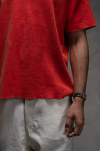 Knit Short-sleeve Henley - Vintage Red