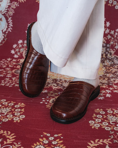 Crocodile Leather Mules - Dark Brown