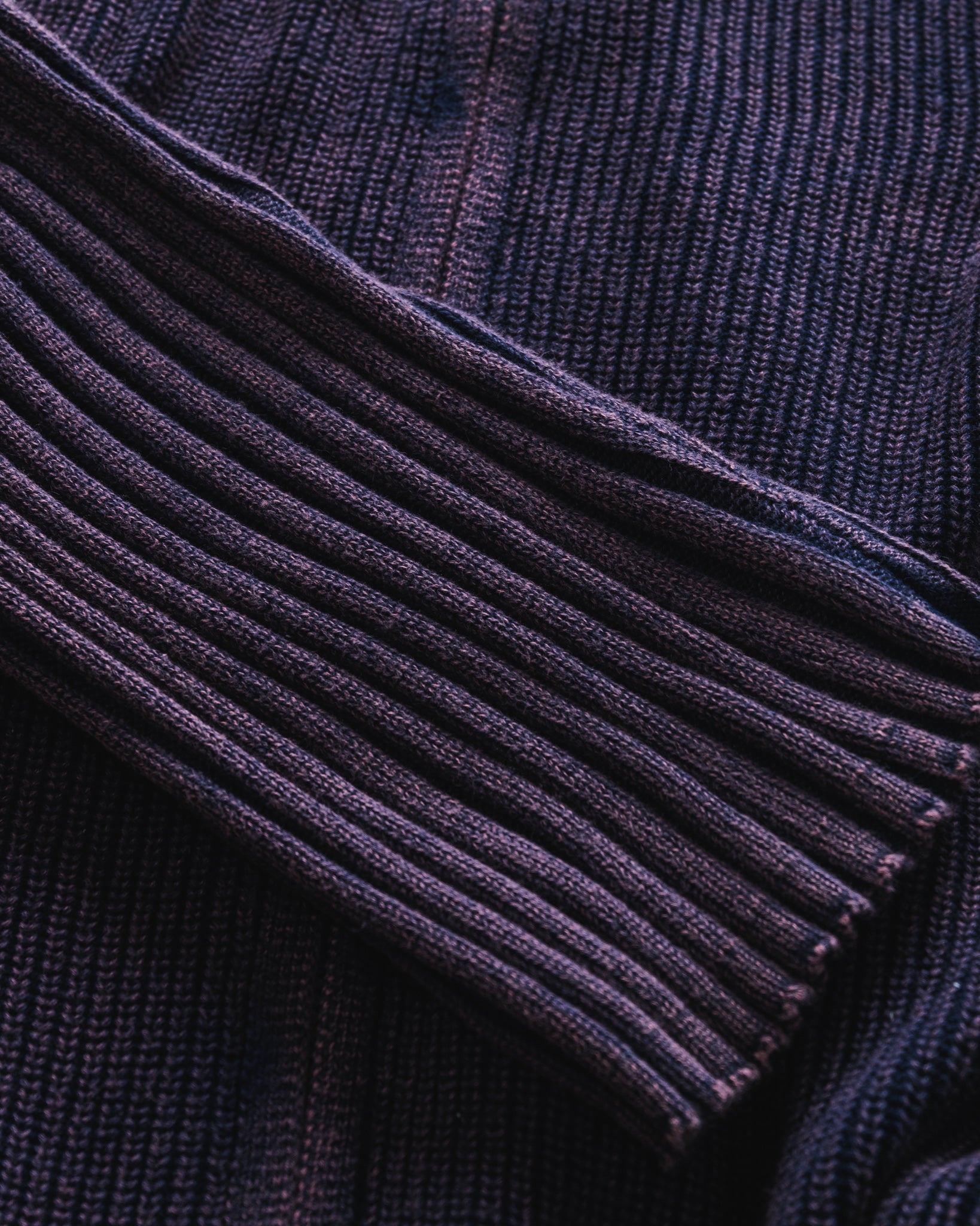 Close-up of a dark blue ribbed sweater collar