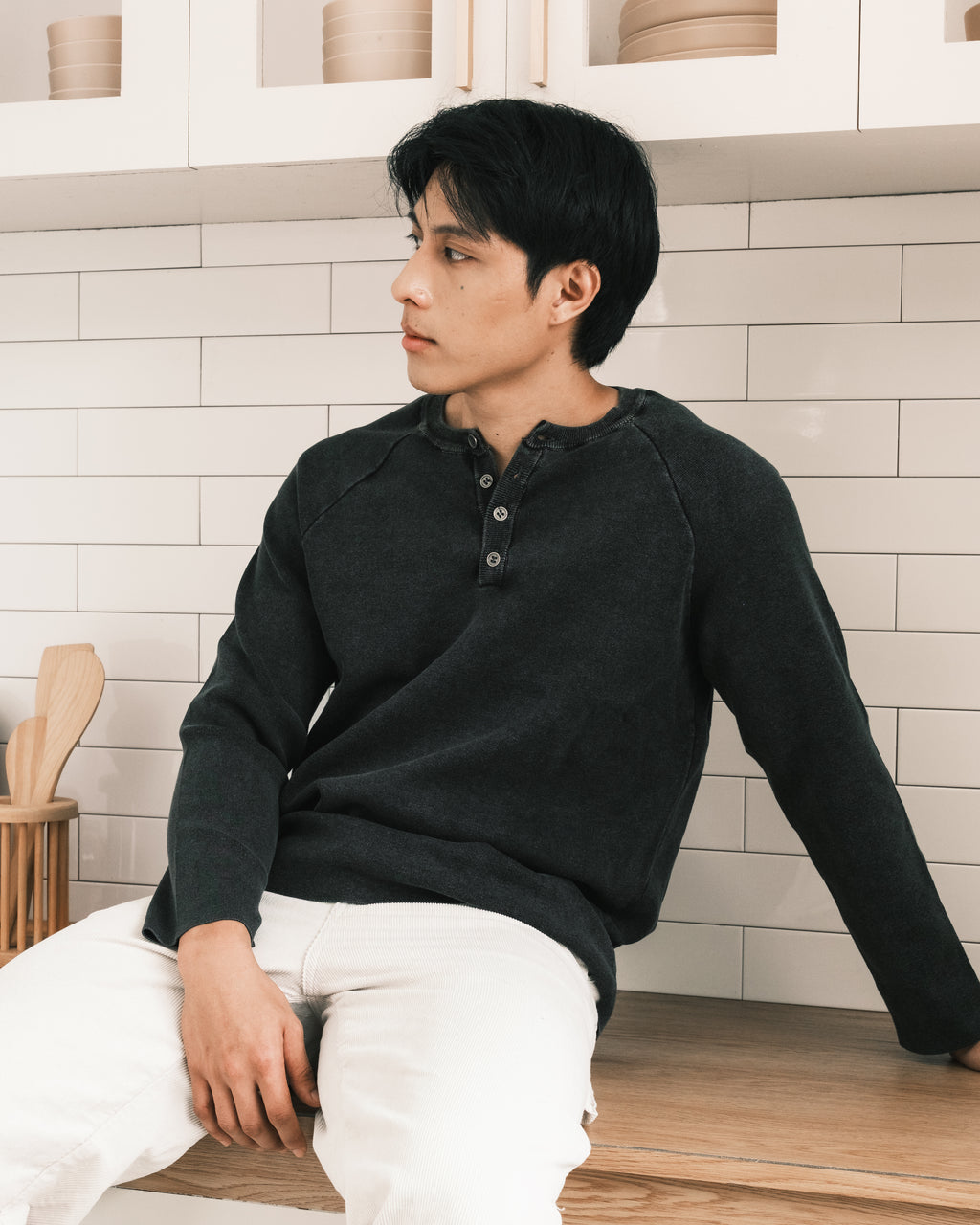 Knit Long-sleeve Henley - Dark Washed Black