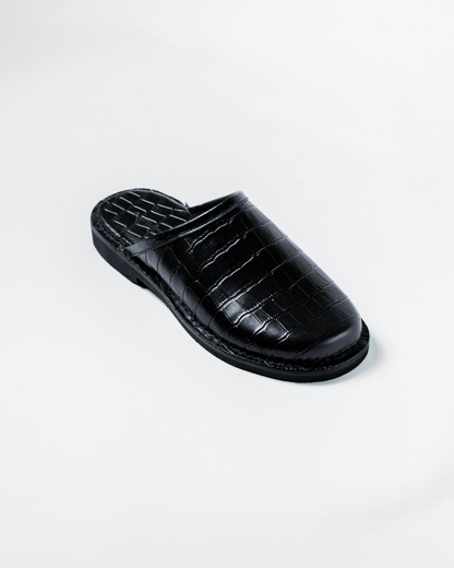 Crocodile Leather Mules - Jet Black