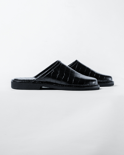Crocodile Leather Mules - Jet Black