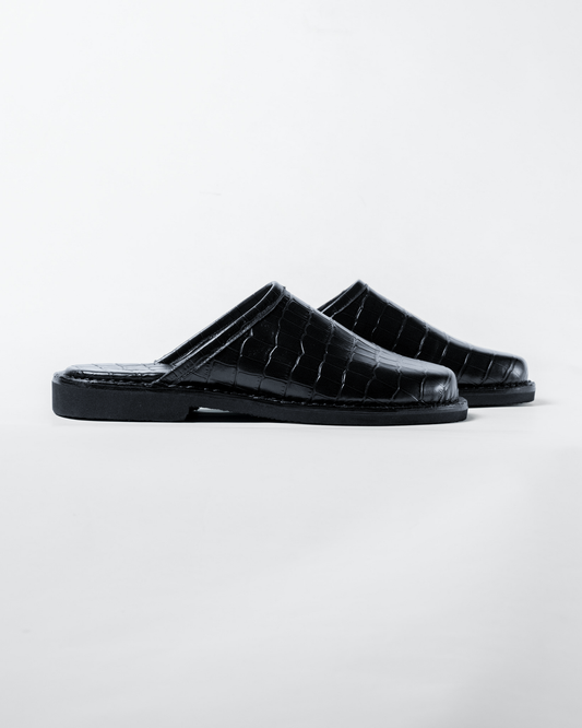 Crocodile Leather Mules - Jet Black