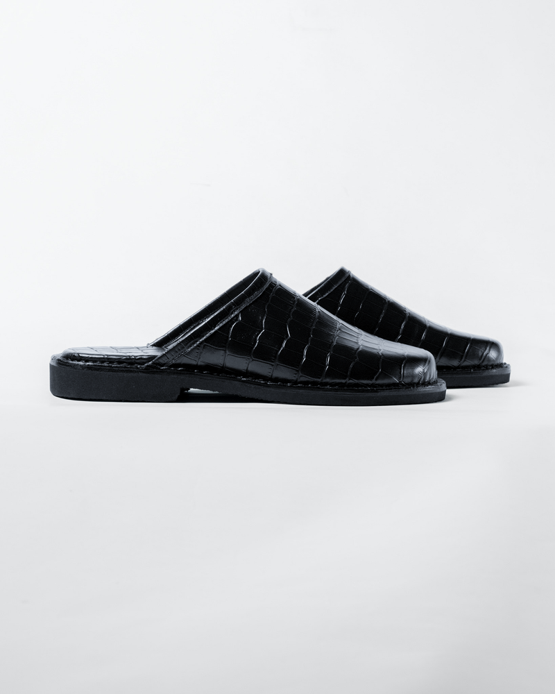 Crocodile Leather Mules - Jet Black