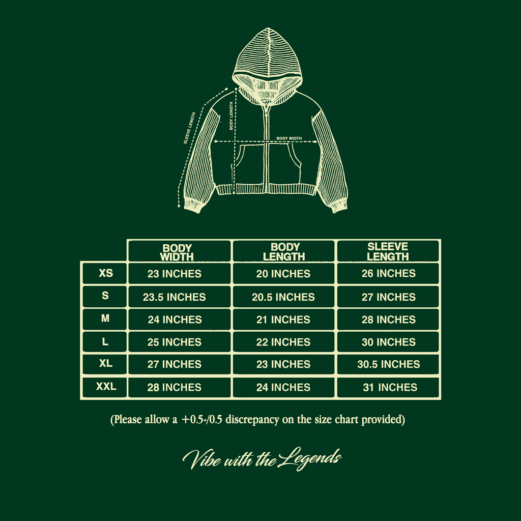 A dark green size chart graphic for a hoodie, featuring a line-drawn hoodie at the top with measurement annotations and a table below listing body width, body length, and sleeve length for sizes XS through XXL. Text at the bottom reads 'Vine with the Legends'.