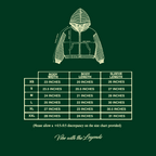 A dark green size chart graphic for a hoodie, featuring a line-drawn hoodie at the top with measurement annotations and a table below listing body width, body length, and sleeve length for sizes XS through XXL. Text at the bottom reads 'Vine with the Legends'.